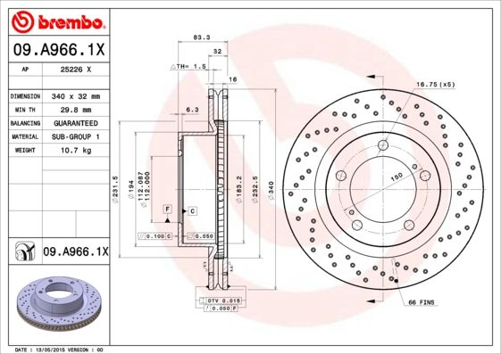 Купить запчасть BREMBO - 09A9661X Тормозной диск перфорированный передний Lexus LX 570